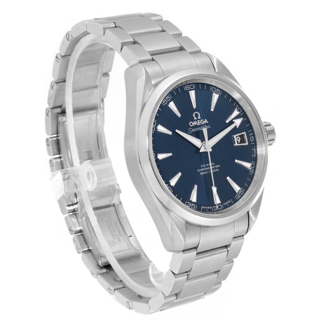 The Omega Aqua Terra 231.10.42.21.03.001 Men
s Stainless Steel Silver Dial 231.10.42.21.03.001 Men
s Stainless Steel Silver Dial watch is shown at a three-quarter angle, featuring its blue dial, date display, and stainless steel bracelet.
