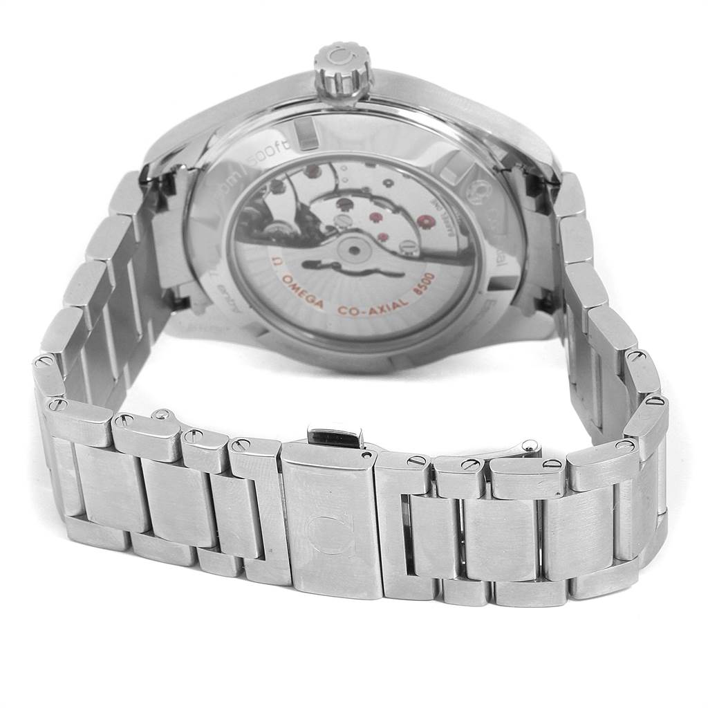 This image shows the back view of the Omega Aqua Terra 231.10.42.21.03.001 Men
s Stainless Steel Silver Dial 231.10.42.21.03.001 Men
s Stainless Steel Silver Dial watch, highlighting its bracelet and exposed mechanical movement.