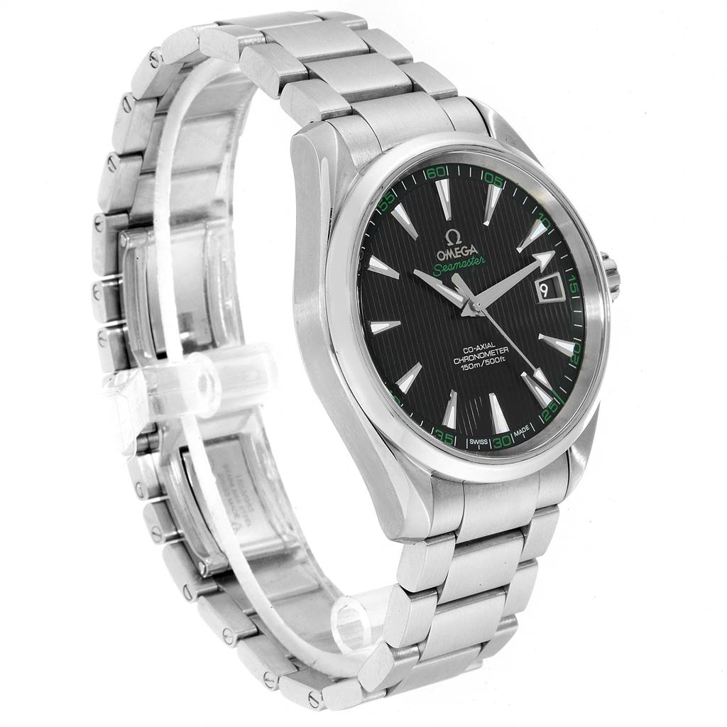 The image shows the Omega Aqua Terra 231.10.42.21.01.001 Men's Stainless Steel Black Dial 231.10.42.21.01.001 Men's Stainless Steel Black Dial watch from a three-quarter angle, highlighting its face, bezel, and metal bracelet.