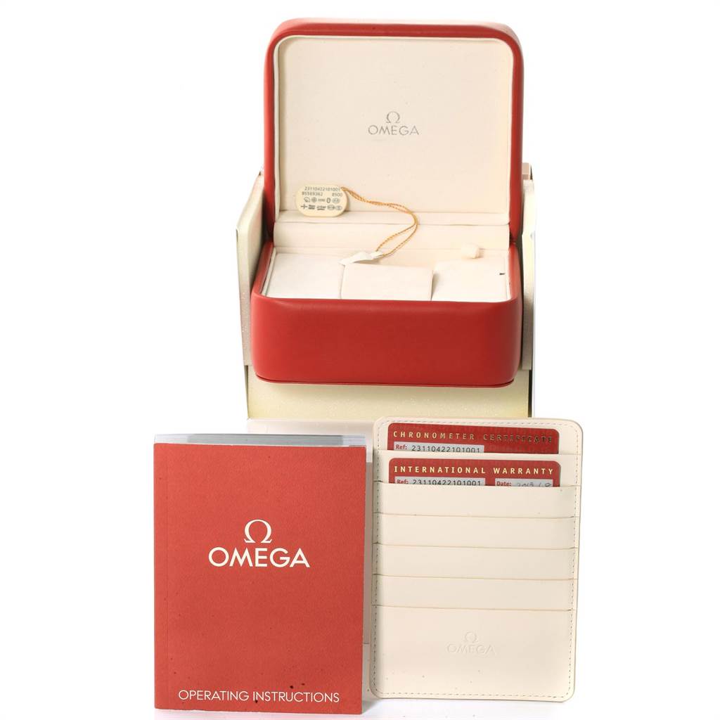 The image shows an Omega Aqua Terra 231.10.42.21.01.001 Men's Stainless Steel Black Dial 231.10.42.21.01.001 Men's Stainless Steel Black Dial watch box, operating instructions booklet, chronometer certificate, and international warranty cards.