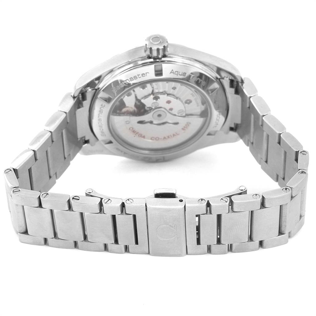 The image shows the Omega Aqua Terra 231.10.42.21.01.001 Men's Stainless Steel Black Dial 231.10.42.21.01.001 Men's Stainless Steel Black Dial model watch from a rear angle, highlighting the bracelet and transparent case back.