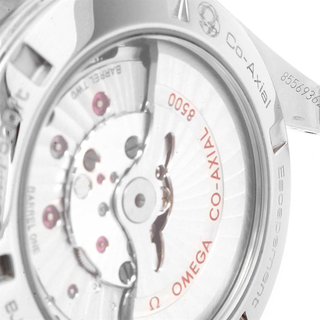 The image shows a close-up view of the movement and case back of the Omega Aqua Terra 231.10.42.21.01.001 Men's Stainless Steel Black Dial 231.10.42.21.01.001 Men's Stainless Steel Black Dial watch, showcasing the Co-Axial escapement.