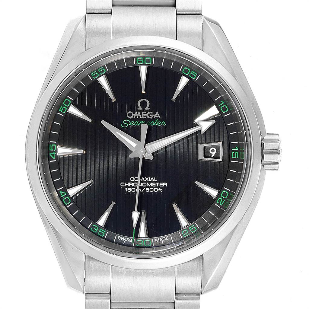 The image shows a front view of the Omega Aqua Terra 231.10.42.21.01.001 Men's Stainless Steel Black Dial 231.10.42.21.01.001 Men's Stainless Steel Black Dial watch, highlighting the face, date window, and part of the bracelet.