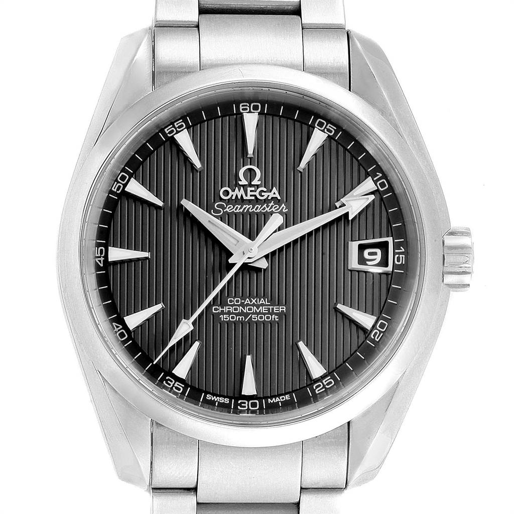 The image shows a frontal view of the dial and part of the bracelet of the Omega Aqua Terra 231.10.39.21.06.001 Men's Stainless Steel Grey Dial 231.10.39.21.06.001 Men's Stainless Steel Grey Dial watch.