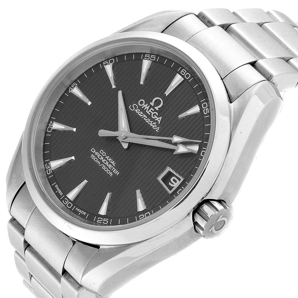 This image shows an Omega Aqua Terra 231.10.39.21.06.001 Men's Stainless Steel Grey Dial 231.10.39.21.06.001 Men's Stainless Steel Grey Dial watch from a three-quarter view, displaying the dial, bezel, crown, and part of the bracelet.