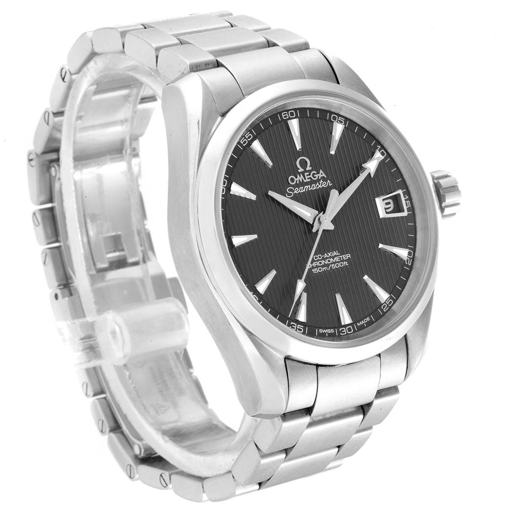 This image shows a side angle view of the Omega Aqua Terra 231.10.39.21.06.001 Men's Stainless Steel Grey Dial 231.10.39.21.06.001 Men's Stainless Steel Grey Dial Seamaster watch, highlighting the face, bezel, crown, and bracelet.