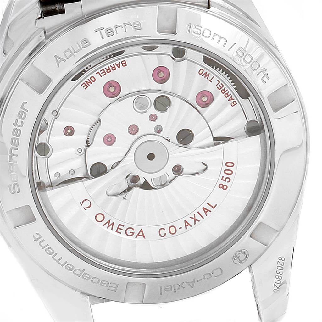 The image shows the back of the Omega Aqua Terra 231.10.39.21.06.001 Men's Stainless Steel Grey Dial 231.10.39.21.06.001 Men's Stainless Steel Grey Dial watch, highlighting its Co-Axial movement and internal mechanism.