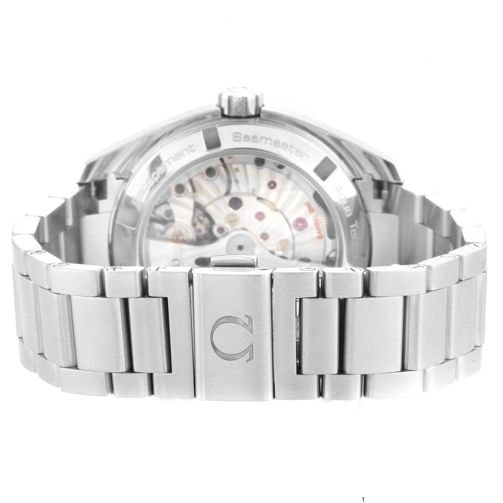 The image shows the back view of an Omega Aqua Terra 231.10.39.21.06.001 Men's Stainless Steel Grey Dial 231.10.39.21.06.001 Men's Stainless Steel Grey Dial watch, highlighting its bracelet and transparent case back.