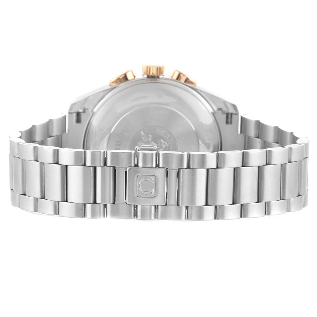 The image shows the backside view of an Omega Aqua Terra 221.20.42.40.01.002 Men's Steel and Gold (two tone) Black Dial 221.20.42.40.01.002 Men's Steel and Gold (two tone) Black Dial watch, focusing on the metal bracelet and clasp.