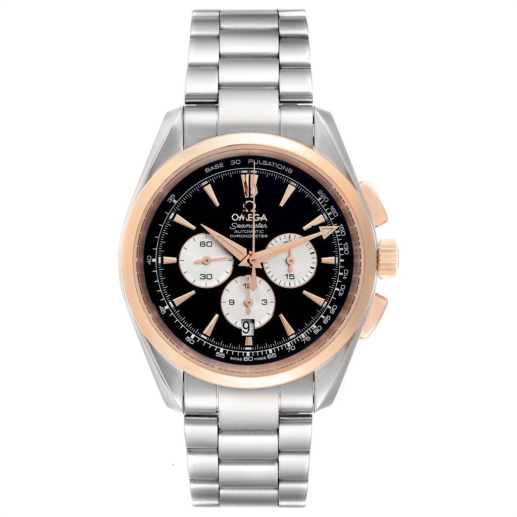 The Omega Aqua Terra 221.20.42.40.01.002 Men's Steel and Gold (two tone) Black Dial 221.20.42.40.01.002 Men's Steel and Gold (two tone) Black Dial model is shown from a frontal angle, displaying its face, bezel, buttons, and metal bracelet.