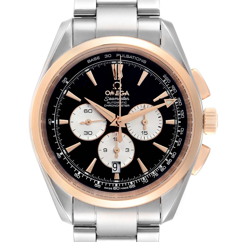 The Omega Aqua Terra 221.20.42.40.01.002 Men's Steel and Gold (two tone) Black Dial 221.20.42.40.01.002 Men's Steel and Gold (two tone) Black Dial watch is shown from a front-facing angle, highlighting the dial, bezel, and stainless steel bracelet.