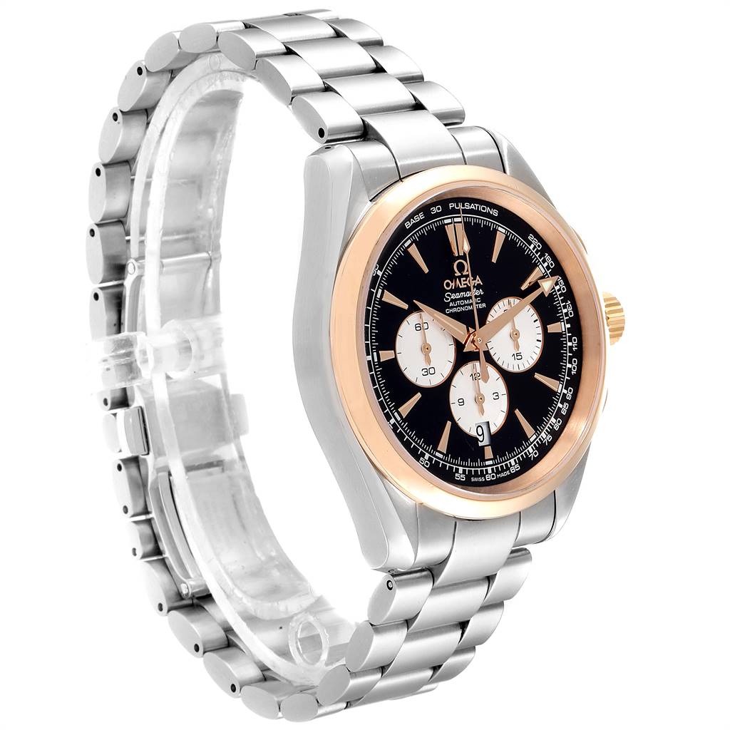 The Omega Aqua Terra 221.20.42.40.01.002 Men's Steel and Gold (two tone) Black Dial 221.20.42.40.01.002 Men's Steel and Gold (two tone) Black Dial watch is shown at a three-quarter angle, displaying its face, bezel, and metallic bracelet.