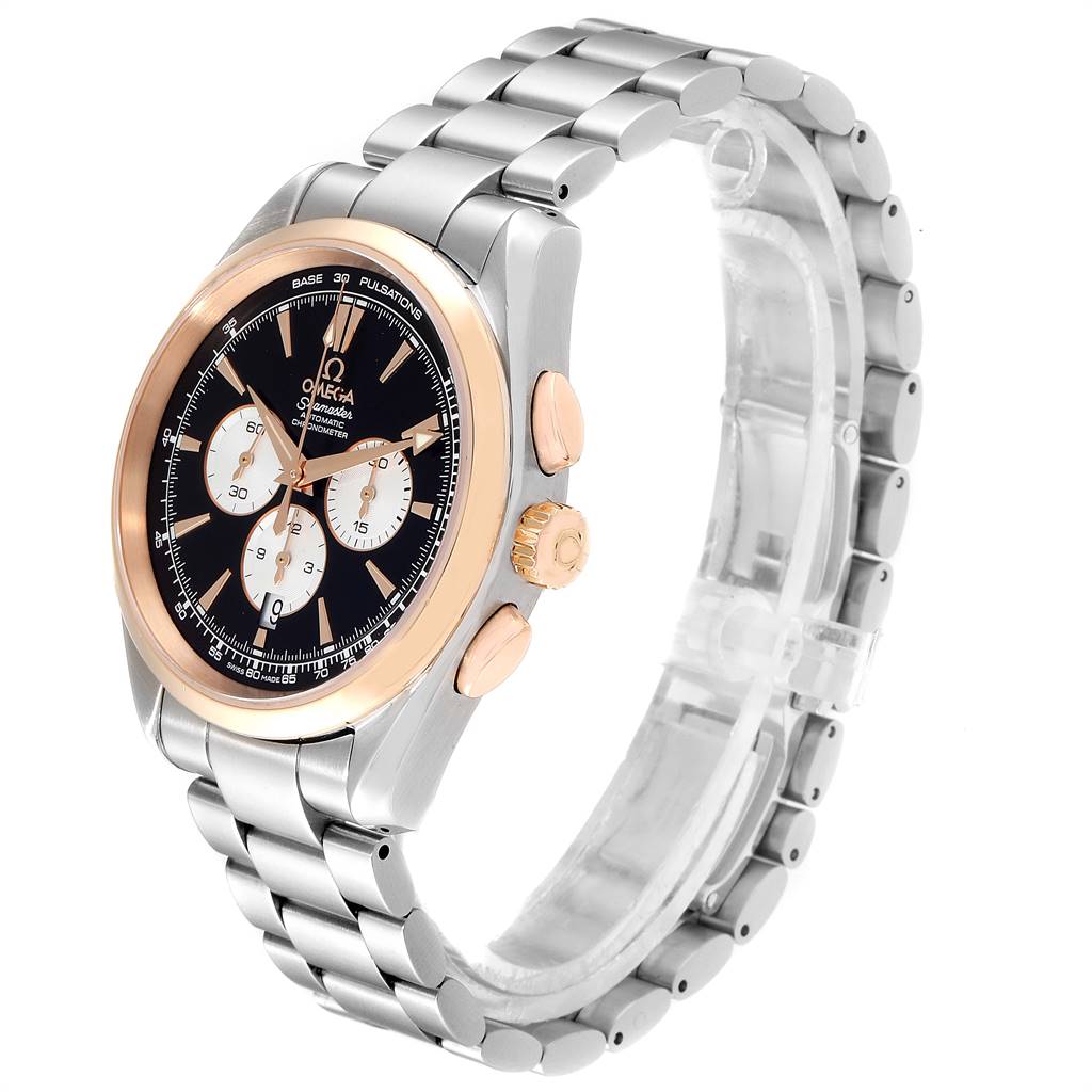 The Omega Aqua Terra 221.20.42.40.01.002 Men's Steel and Gold (two tone) Black Dial 221.20.42.40.01.002 Men's Steel and Gold (two tone) Black Dial watch is shown at a slight angle, highlighting its face, bezel, crown, and stainless steel bracelet.