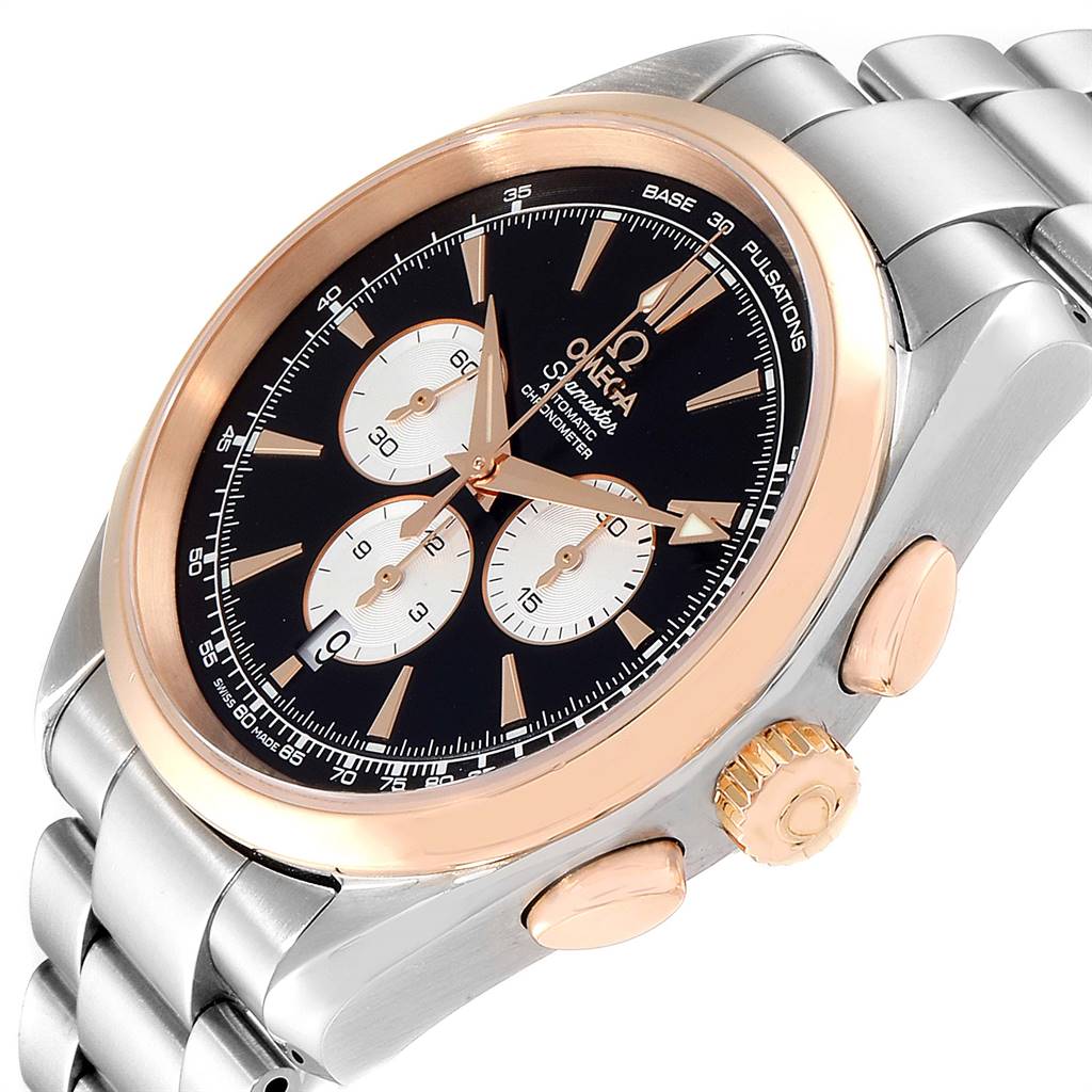 The Omega Aqua Terra 221.20.42.40.01.002 Men's Steel and Gold (two tone) Black Dial 221.20.42.40.01.002 Men's Steel and Gold (two tone) Black Dial watch is shown at a slight angle highlighting the face, crown, pushers, and part of the bracelet.