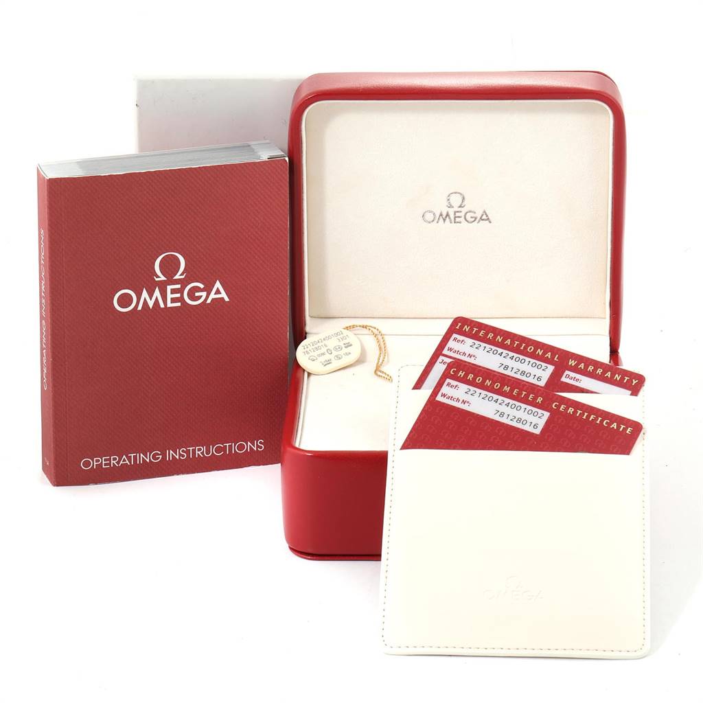 The image shows the Omega Aqua Terra 221.20.42.40.01.002 Men's Steel and Gold (two tone) Black Dial 221.20.42.40.01.002 Men's Steel and Gold (two tone) Black Dial operating instructions, warranty cards, and watch box displayed from the front angle.