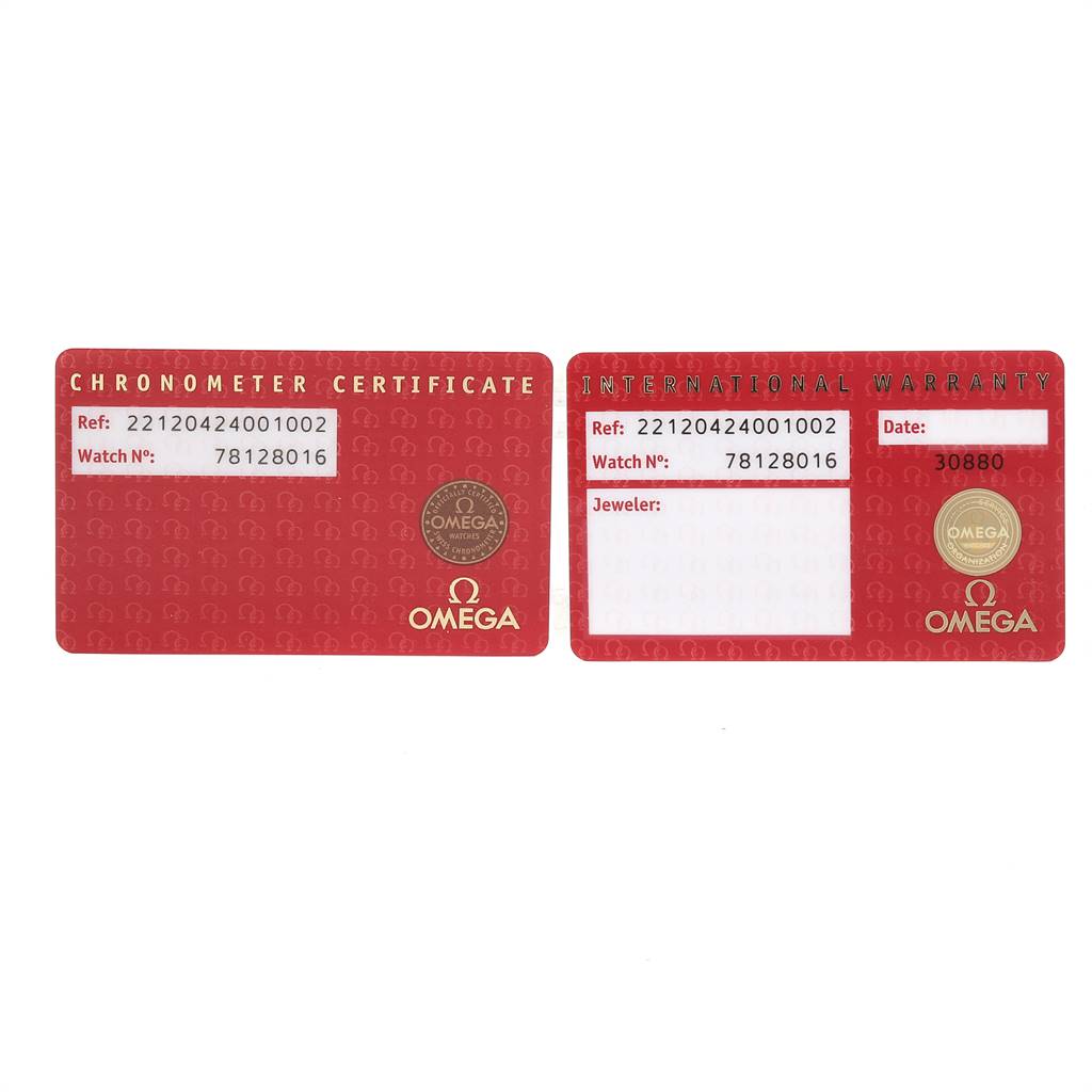 The image shows the Chronometer Certificate and International Warranty cards for the Omega Aqua Terra 221.20.42.40.01.002 Men's Steel and Gold (two tone) Black Dial 221.20.42.40.01.002 Men's Steel and Gold (two tone) Black Dial model.