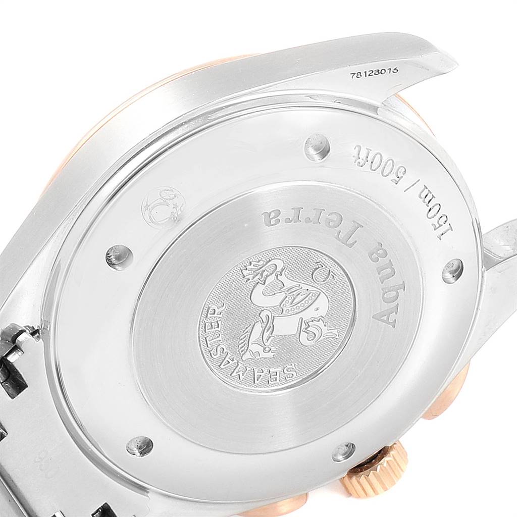 This image shows the back case of an Omega Aqua Terra 221.20.42.40.01.002 Men's Steel and Gold (two tone) Black Dial 221.20.42.40.01.002 Men's Steel and Gold (two tone) Black Dial watch, highlighting the branding and specifications.