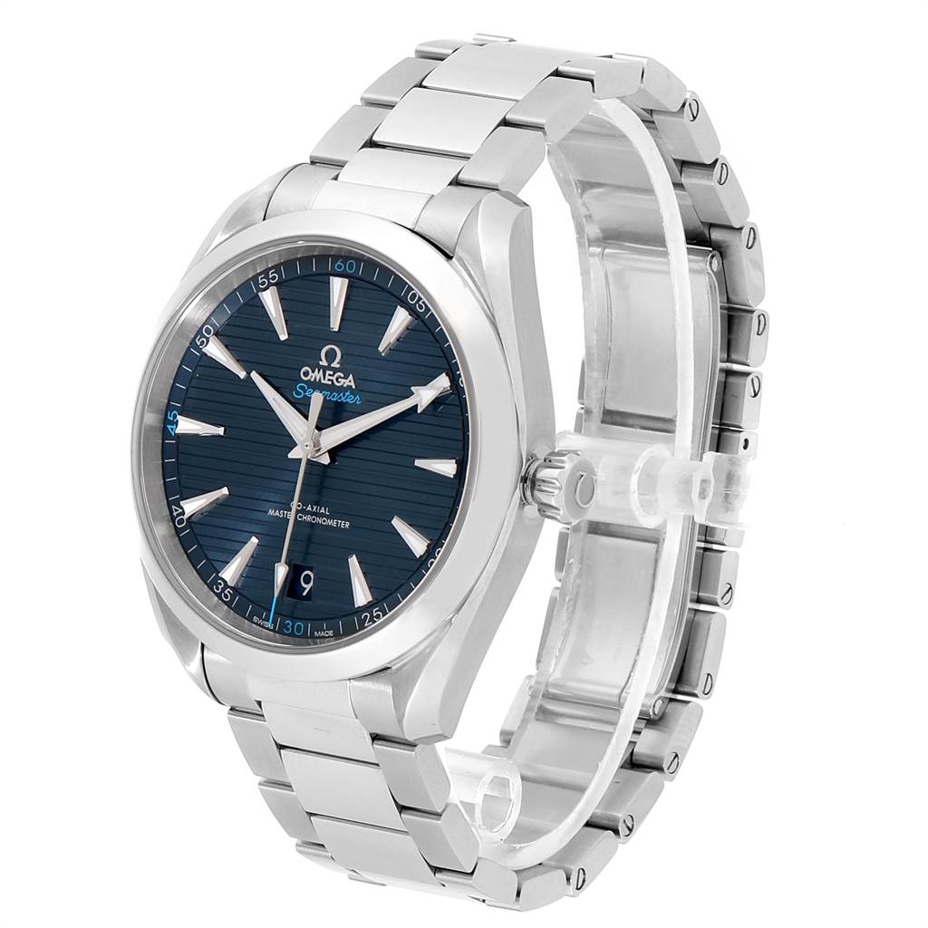 The Omega Aqua Terra 220.10.41.21.03.001 Men
s Stainless Steel Blue Dial 220.10.41.21.03.001 Men
s Stainless Steel Blue Dial watch is shown at a three-quarter angle, displaying the dial, bezel, and bracelet.