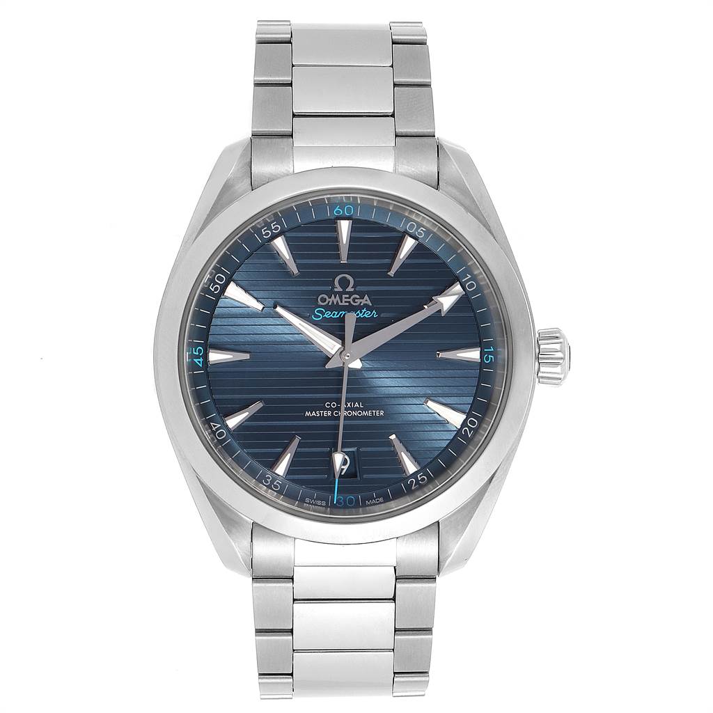 The image shows a front view of the Omega Aqua Terra 220.10.41.21.03.001 Men
s Stainless Steel Blue Dial 220.10.41.21.03.001 Men
s Stainless Steel Blue Dial watch, highlighting its dial, hands, and bracelet.