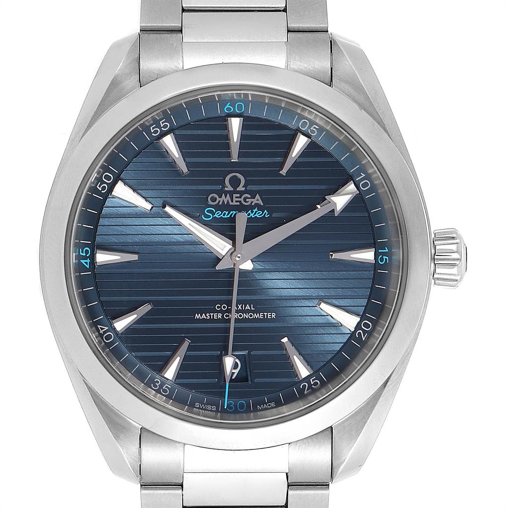 The Omega Aqua Terra 220.10.41.21.03.001 Men
s Stainless Steel Blue Dial 220.10.41.21.03.001 Men
s Stainless Steel Blue Dial watch is shown from the front, displaying the dial, hands, bezel, and part of the bracelet.