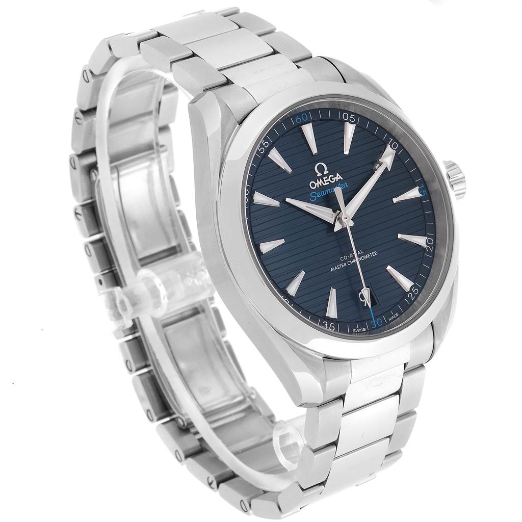 The Omega Aqua Terra 220.10.41.21.03.001 Men
s Stainless Steel Blue Dial 220.10.41.21.03.001 Men
s Stainless Steel Blue Dial watch is shown at a three-quarter angle highlighting the face, bezel, and stainless steel bracelet.