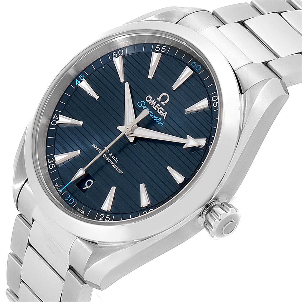 The image shows an Omega Aqua Terra 220.10.41.21.03.001 Men
s Stainless Steel Blue Dial 220.10.41.21.03.001 Men
s Stainless Steel Blue Dial watch at a slight angle, highlighting the face, bezel, crown, and metal bracelet.