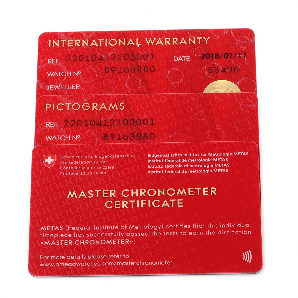 The image shows the International Warranty, Pictograms, and Master Chronometer Certificate cards for the Omega Aqua Terra 220.10.41.21.03.001 Men
s Stainless Steel Blue Dial 220.10.41.21.03.001 Men
s Stainless Steel Blue Dial watch.