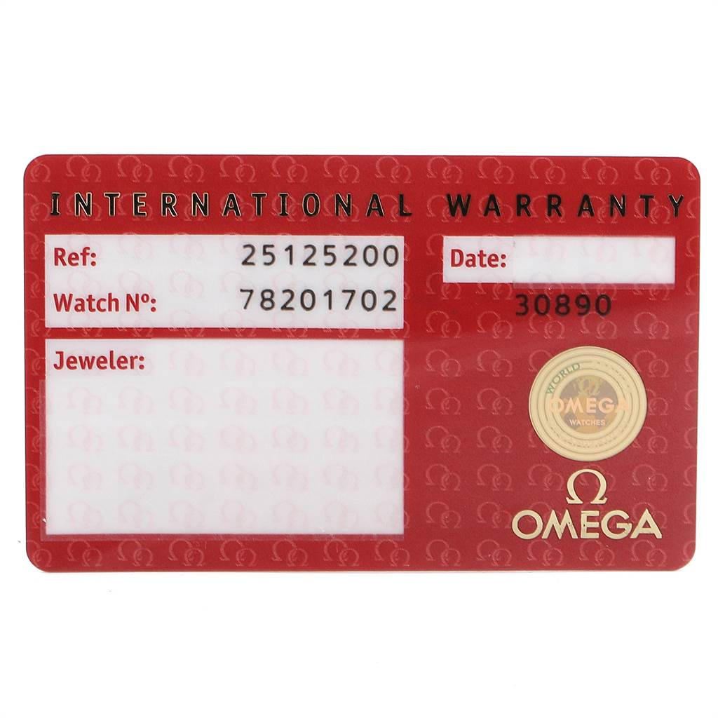 The image shows the international warranty card for an Omega Aqua Terra 2512.52.00 Men's Stainless Steel Black Dial 2512.52.00 Men's Stainless Steel Black Dial watch, providing reference and watch numbers.