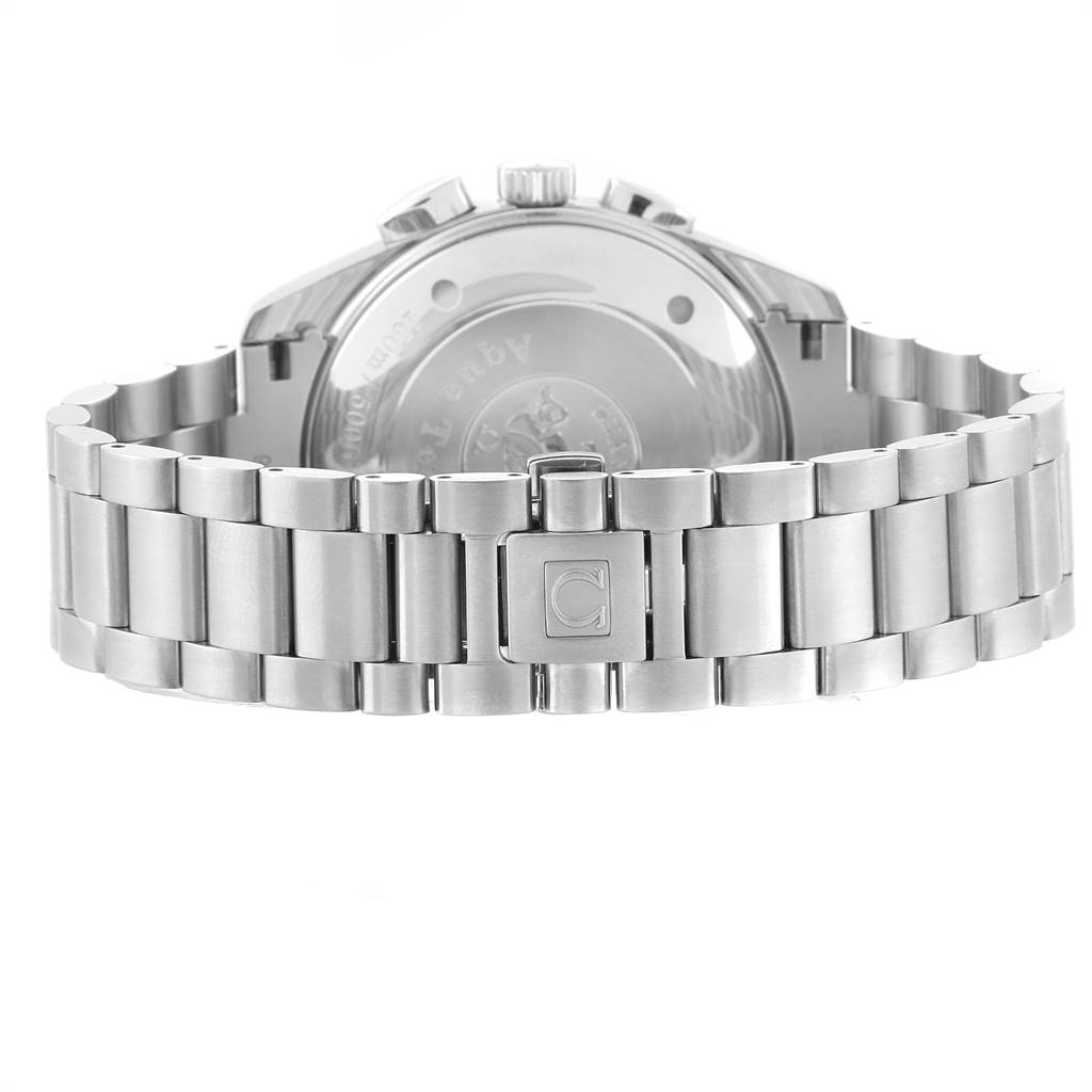 This image shows the back of an Omega Aqua Terra 2512.52.00 Men's Stainless Steel Black Dial 2512.52.00 Men's Stainless Steel Black Dial watch, focusing on the stainless steel bracelet and clasp.