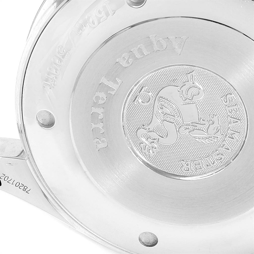 This image shows the case back of the Omega Aqua Terra 2512.52.00 Men's Stainless Steel Black Dial 2512.52.00 Men's Stainless Steel Black Dial watch, displaying the Seamaster logo.