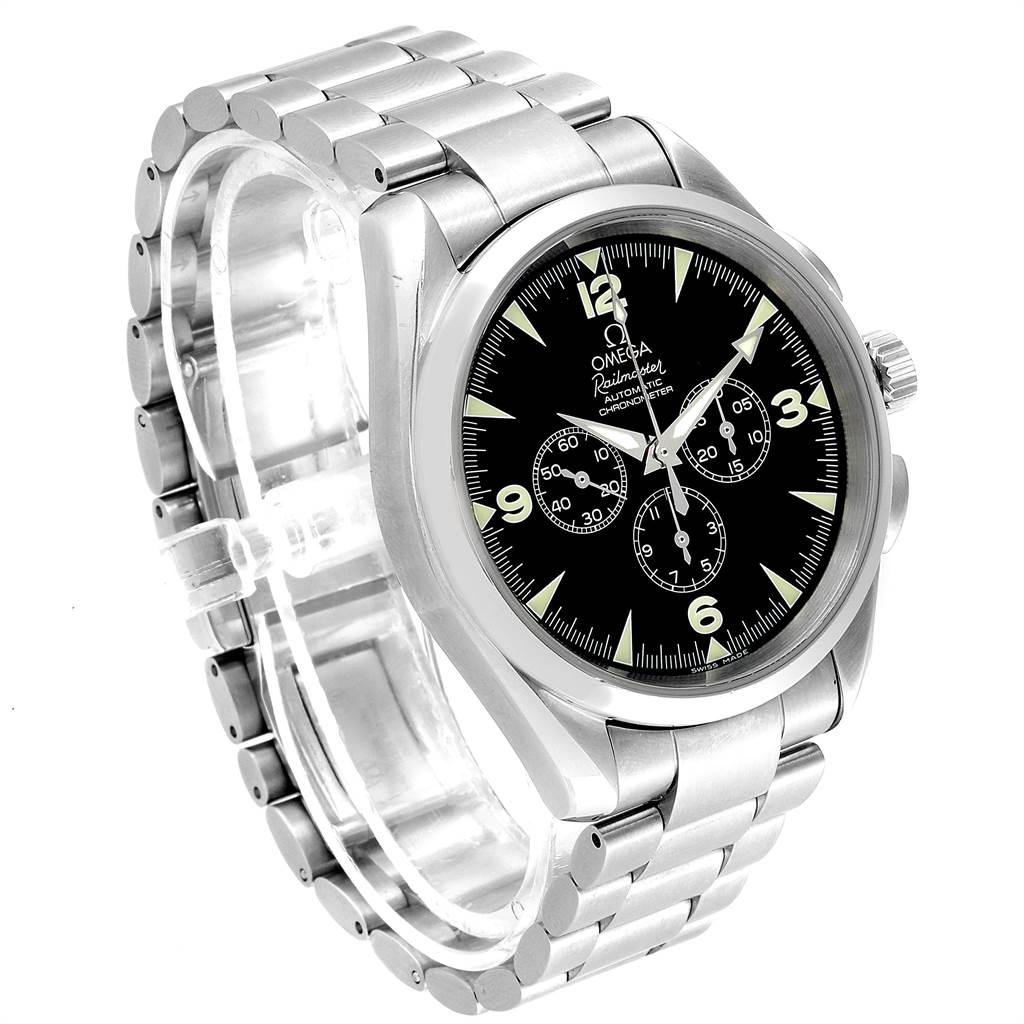 The image shows the Omega Aqua Terra 2512.52.00 Men's Stainless Steel Black Dial 2512.52.00 Men's Stainless Steel Black Dial watch at an angled side view, displaying its black dial, markers, and metal bracelet.