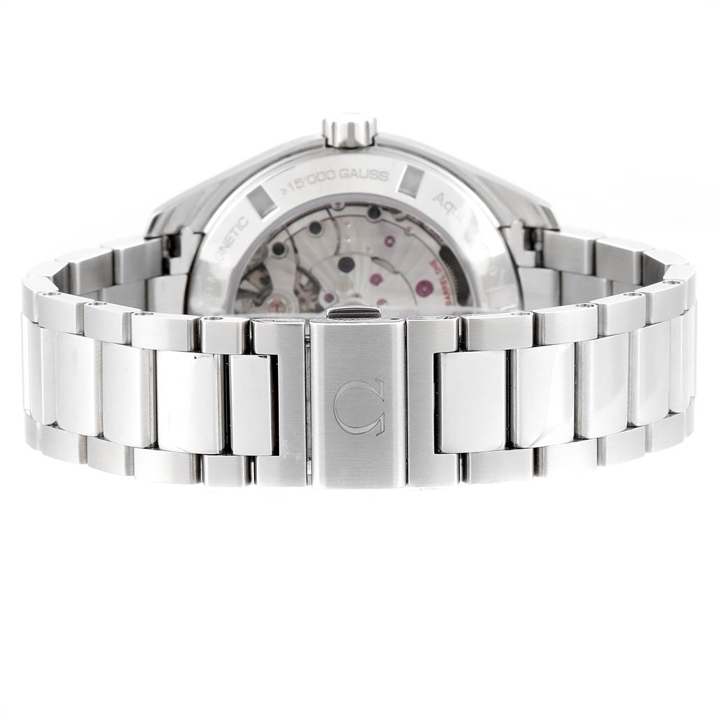 The image shows the back view of the Omega Aqua Terra 231.10.42.21.01.003 Men
s Stainless Steel Black Dial 231.10.42.21.01.003 Men
s Stainless Steel Black Dial watch, focusing on its stainless steel bracelet and caseback.