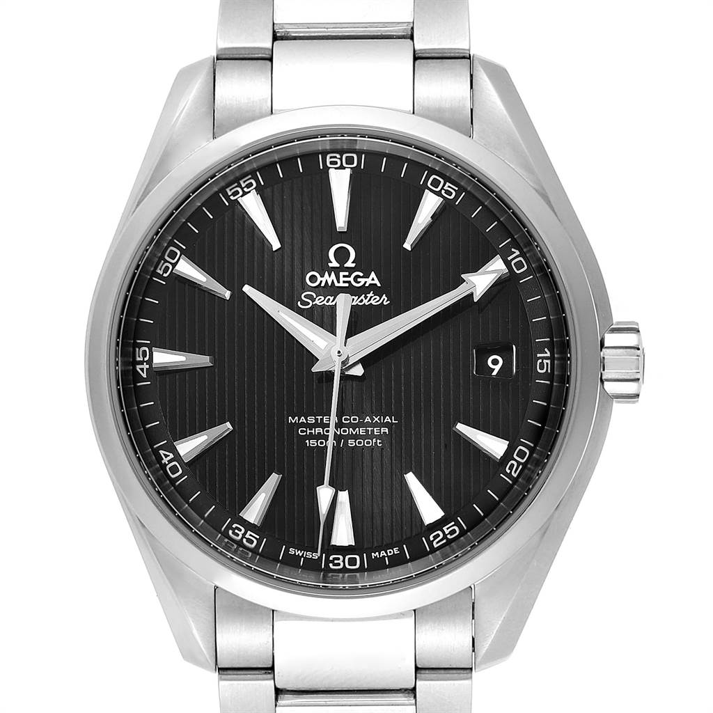 The image shows a front view of the Omega Aqua Terra 231.10.42.21.01.003 Men
s Stainless Steel Black Dial 231.10.42.21.01.003 Men
s Stainless Steel Black Dial watch, highlighting the face, bezel, and part of the bracelet.