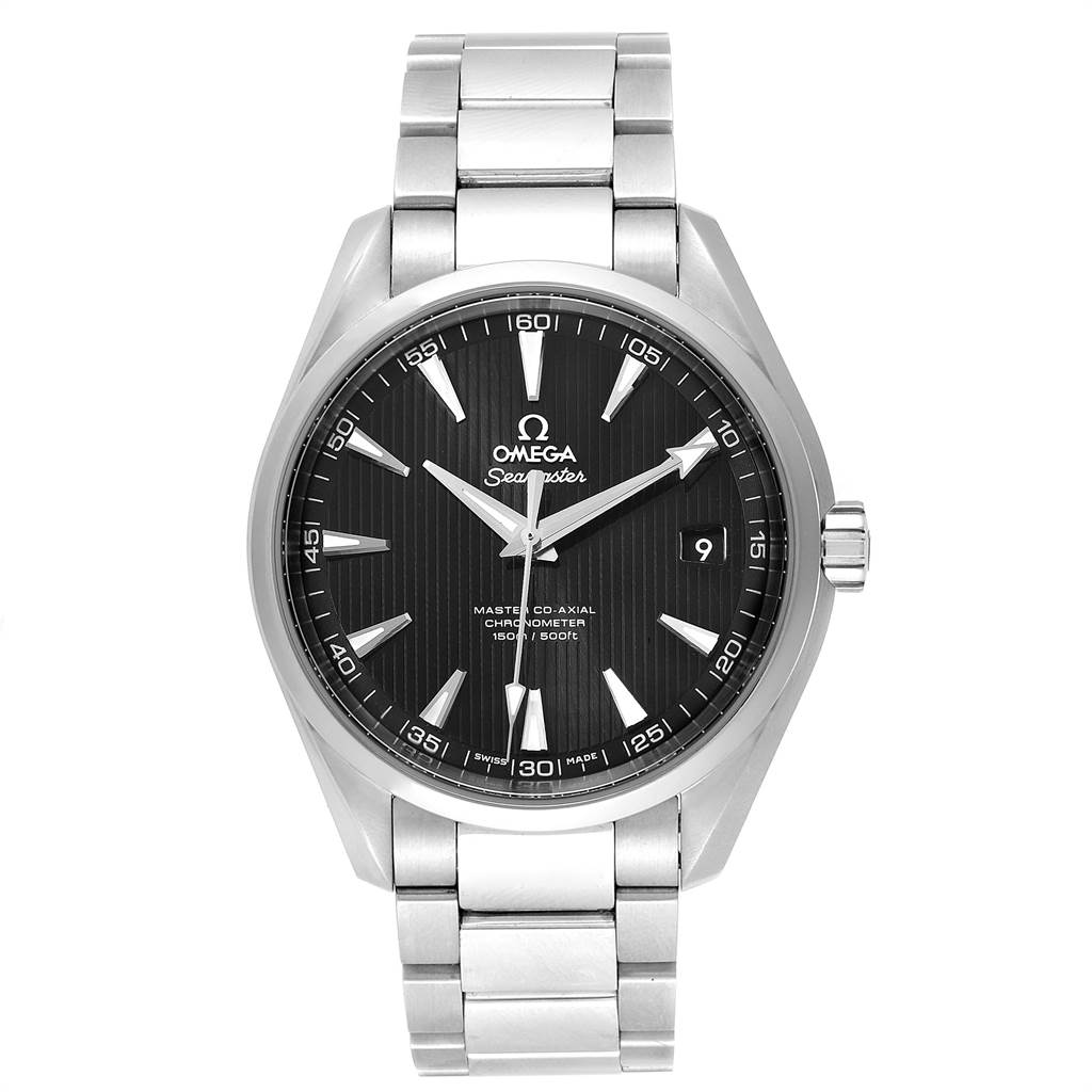 The image shows a front view of the Omega Aqua Terra 231.10.42.21.01.003 Men
s Stainless Steel Black Dial 231.10.42.21.01.003 Men
s Stainless Steel Black Dial watch, highlighting its dial, hands, bracelet, and crown.