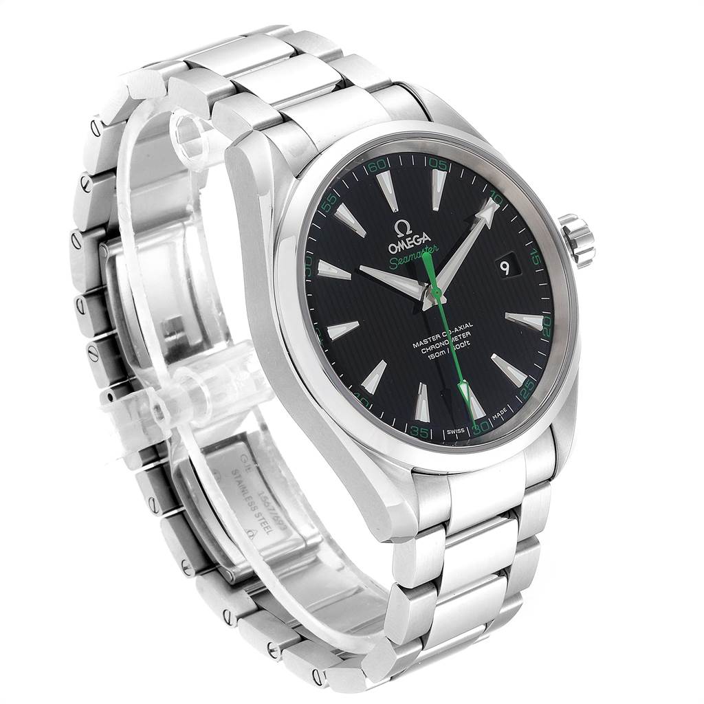 The image shows an Omega Aqua Terra 231.10.42.21.01.004 Men
s Stainless Steel Black Dial 231.10.42.21.01.004 Men
s Stainless Steel Black Dial watch in a three-quarter view, highlighting the face, bracelet, and crown.