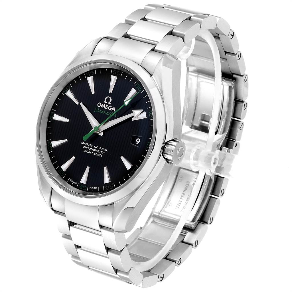 The image shows a three-quarter angle of the Omega Aqua Terra 231.10.42.21.01.004 Men
s Stainless Steel Black Dial 231.10.42.21.01.004 Men
s Stainless Steel Black Dial watch, highlighting its face, bezel, crown, and stainless steel bracelet.