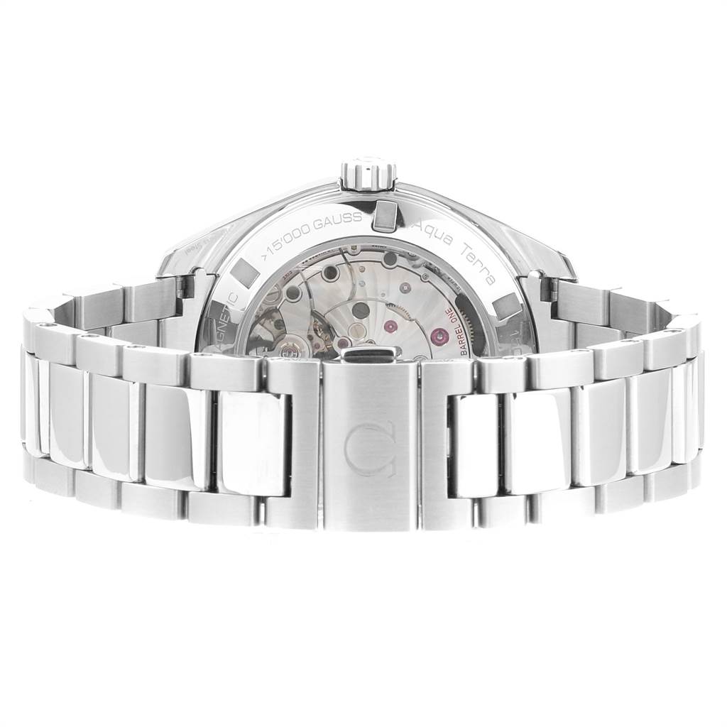 The image shows the back view of the Omega Aqua Terra 231.10.42.21.01.004 Men
s Stainless Steel Black Dial 231.10.42.21.01.004 Men
s Stainless Steel Black Dial watch, highlighting the stainless steel bracelet and the transparent case back.