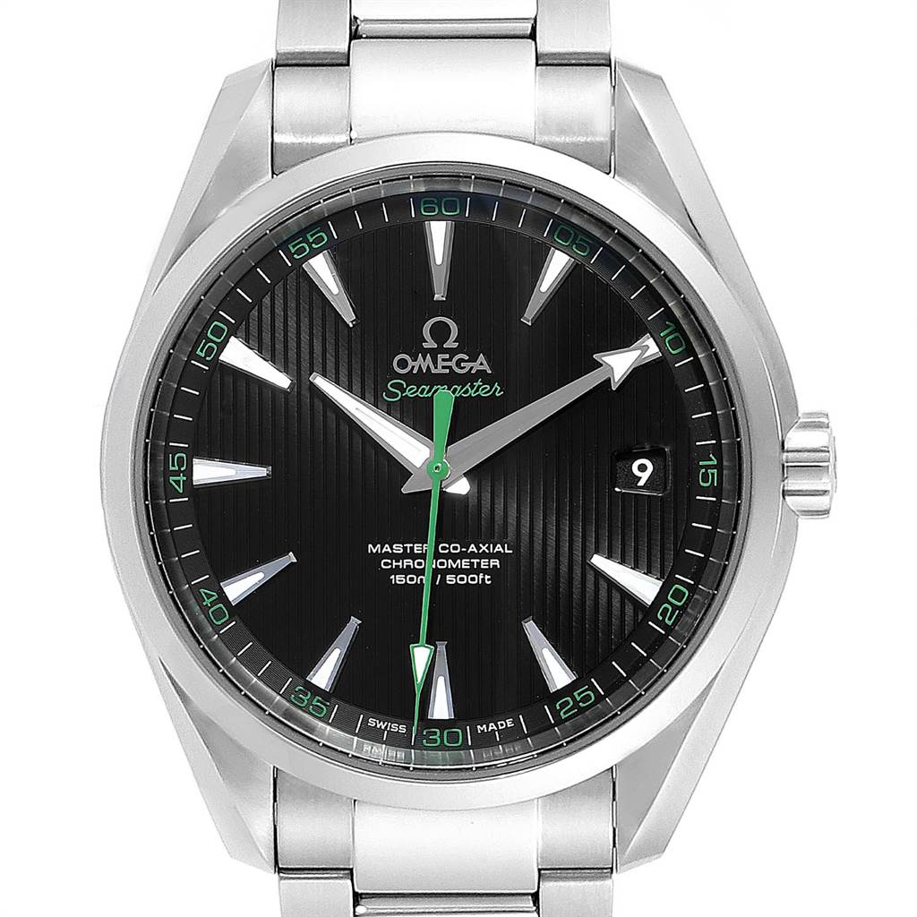 The image shows a front view of the Omega Aqua Terra 231.10.42.21.01.004 Men
s Stainless Steel Black Dial 231.10.42.21.01.004 Men
s Stainless Steel Black Dial watch, highlighting its dial, crown, and metal bracelet.