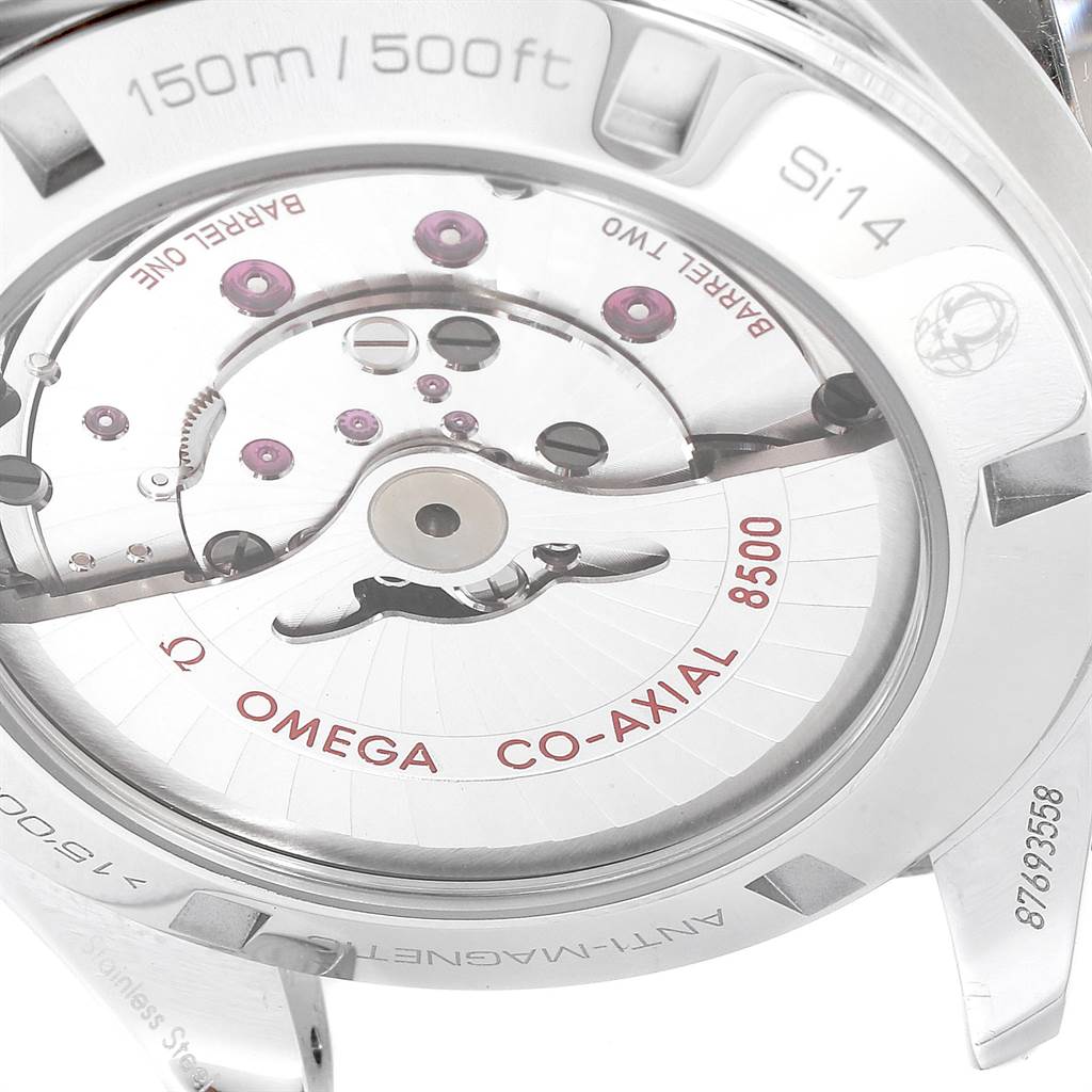 The image shows the back view of an Omega Aqua Terra 231.10.42.21.01.004 Men
s Stainless Steel Black Dial 231.10.42.21.01.004 Men
s Stainless Steel Black Dial watch, highlighting the co-axial movement and internal mechanism.