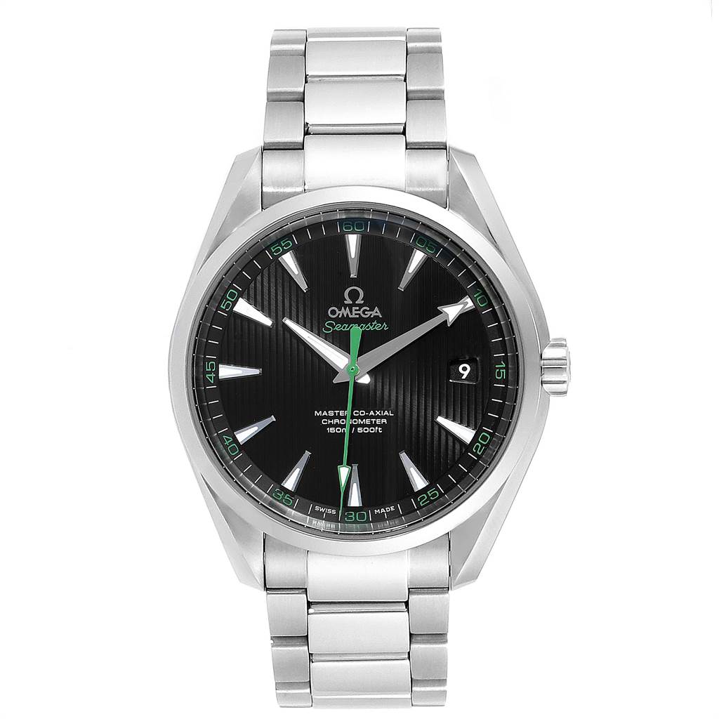 The image shows a front view of the Omega Aqua Terra 231.10.42.21.01.004 Men
s Stainless Steel Black Dial 231.10.42.21.01.004 Men
s Stainless Steel Black Dial watch displaying its black dial, silver bracelet, and date window.