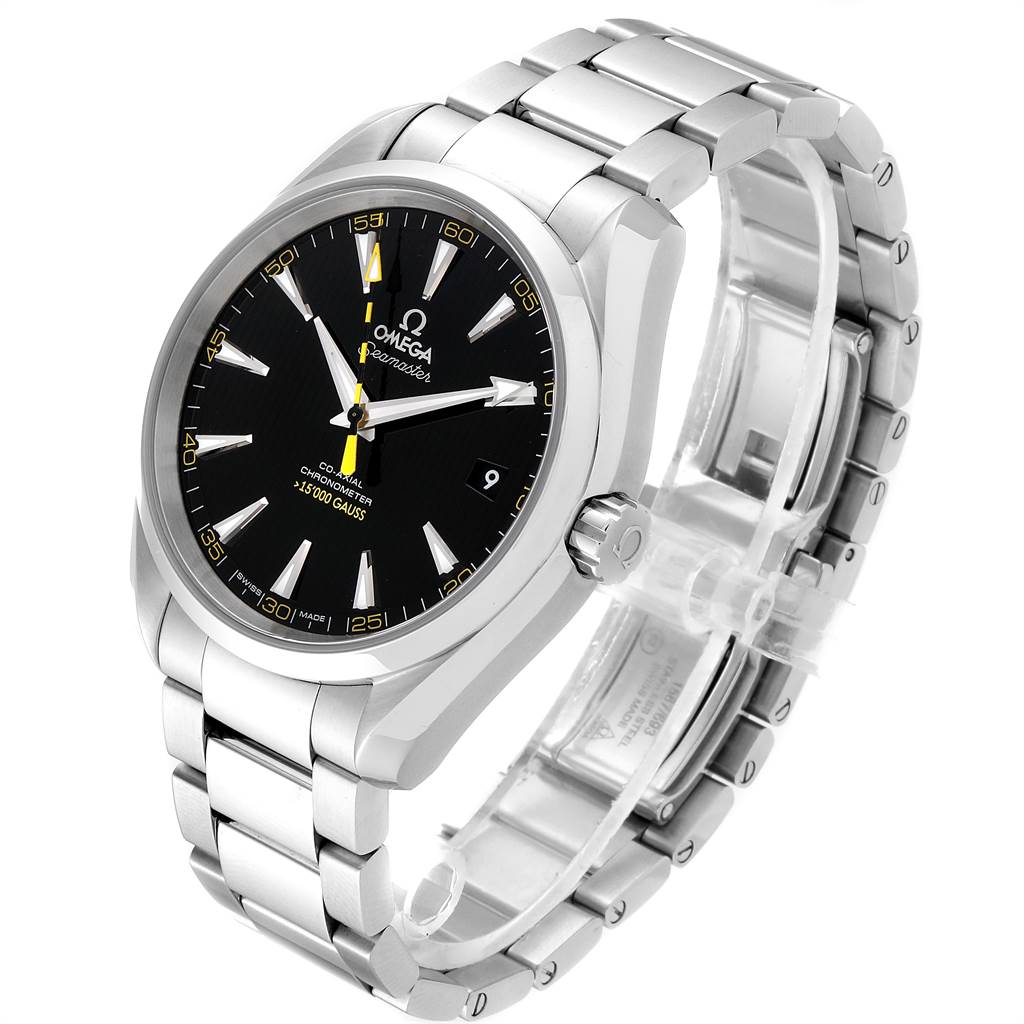 The Omega Aqua Terra 231.10.42.21.01.002 Men
s Stainless Steel Black Dial 231.10.42.21.01.002 Men
s Stainless Steel Black Dial watch is shown at an angle displaying its face, bracelet, and crown.