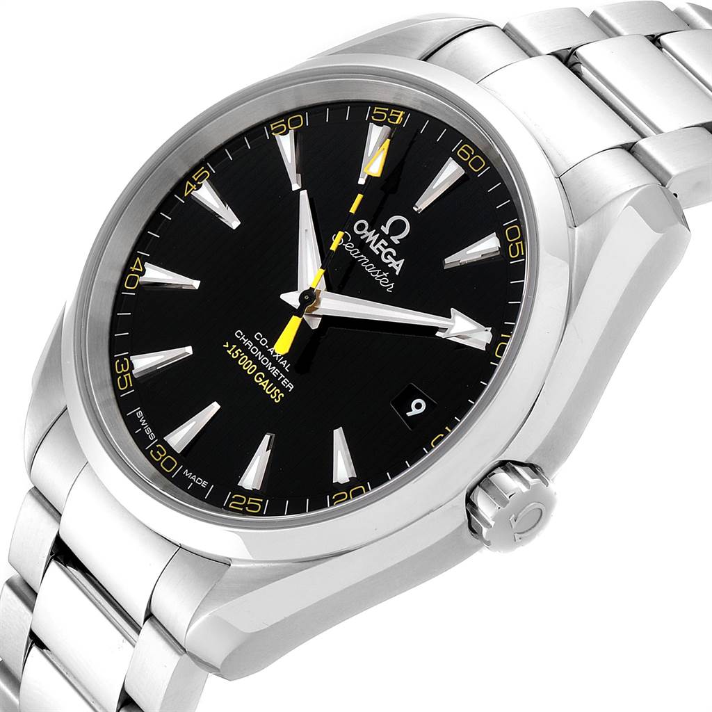 The image shows a close-up of the Omega Aqua Terra 231.10.42.21.01.002 Men
s Stainless Steel Black Dial 231.10.42.21.01.002 Men
s Stainless Steel Black Dial watch
s face and part of its metal bracelet at a slight angle.