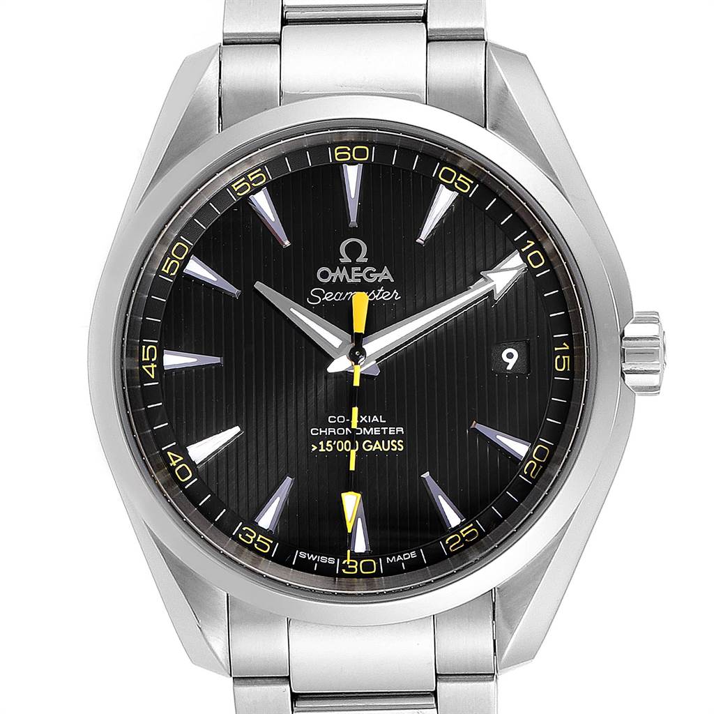 The image shows a front view of the Omega Aqua Terra 231.10.42.21.01.002 Men
s Stainless Steel Black Dial 231.10.42.21.01.002 Men
s Stainless Steel Black Dial watch, highlighting its dial, hands, and part of the bracelet.