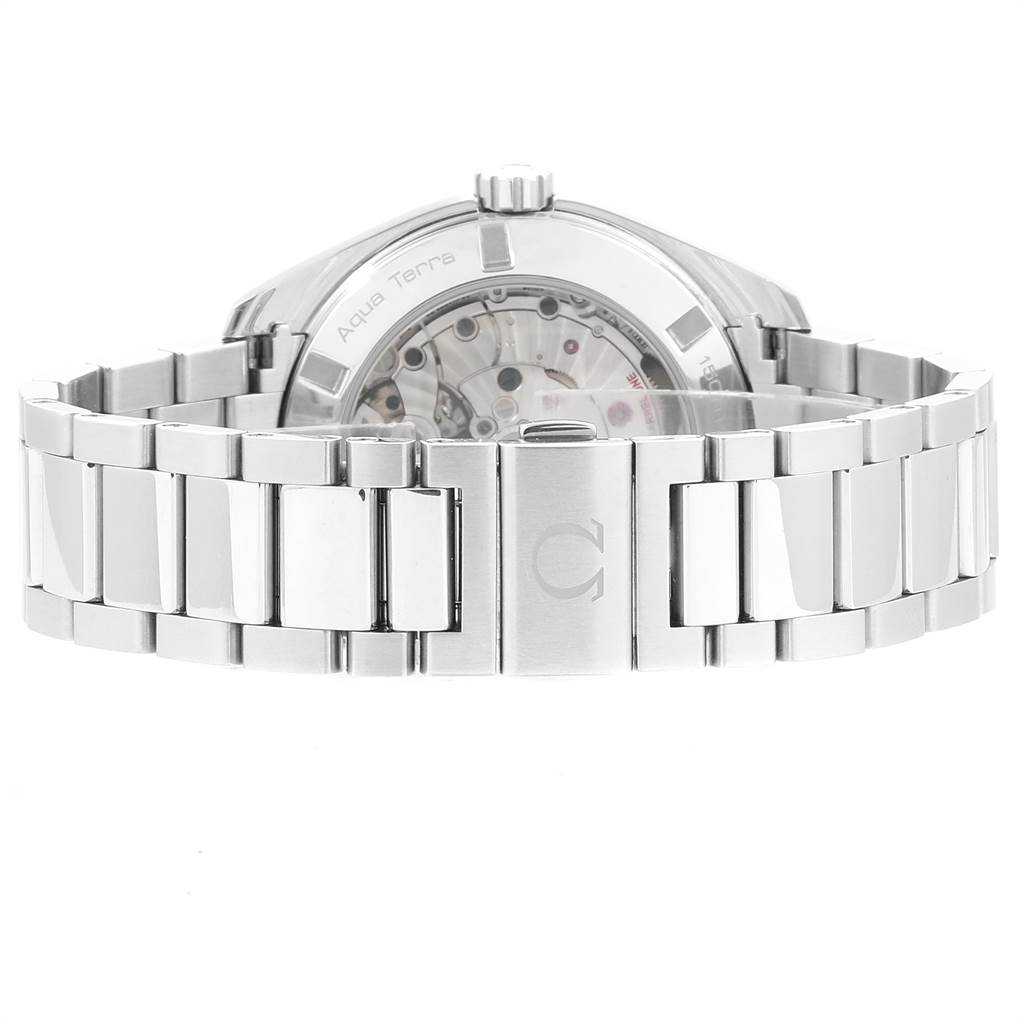 The image shows the back view of the Omega Aqua Terra 231.10.42.21.01.002 Men
s Stainless Steel Black Dial 231.10.42.21.01.002 Men
s Stainless Steel Black Dial watch, highlighting its metal bracelet and exhibition case back.