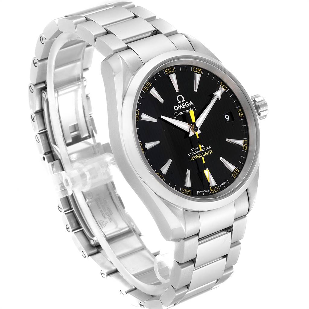 The Omega Aqua Terra 231.10.42.21.01.002 Men
s Stainless Steel Black Dial 231.10.42.21.01.002 Men
s Stainless Steel Black Dial watch is shown at an angled view displaying the face, bezel, bracelet, and crown.