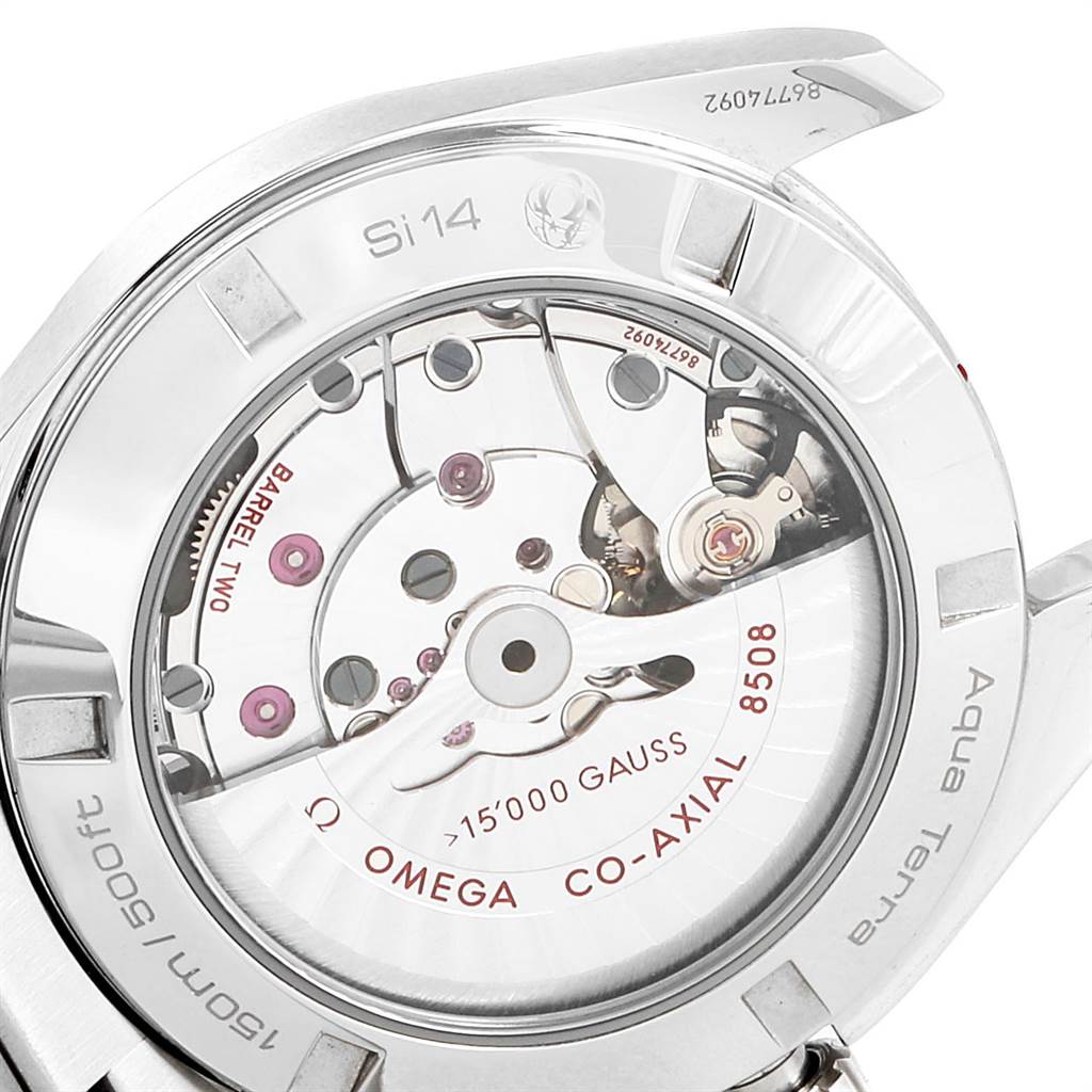 The image shows the back view of the Omega Aqua Terra 231.10.42.21.01.002 Men
s Stainless Steel Black Dial 231.10.42.21.01.002 Men
s Stainless Steel Black Dial watch, displaying its co-axial movement mechanism.