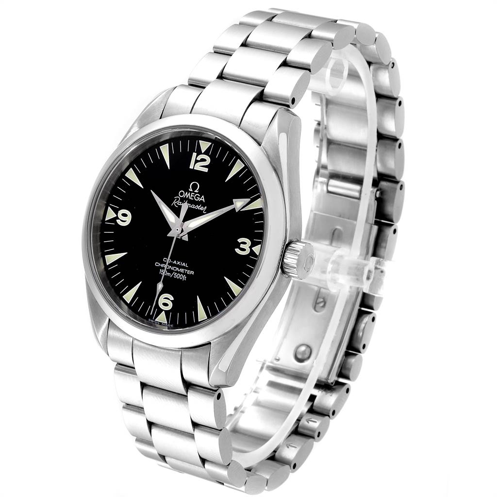 The image shows an Omega Aqua Terra 2503.52.00 Men
s Stainless Steel Black Dial 2503.52.00 Men
s Stainless Steel Black Dial watch at an angled side view, highlighting the dial, case, crown, and metal bracelet.