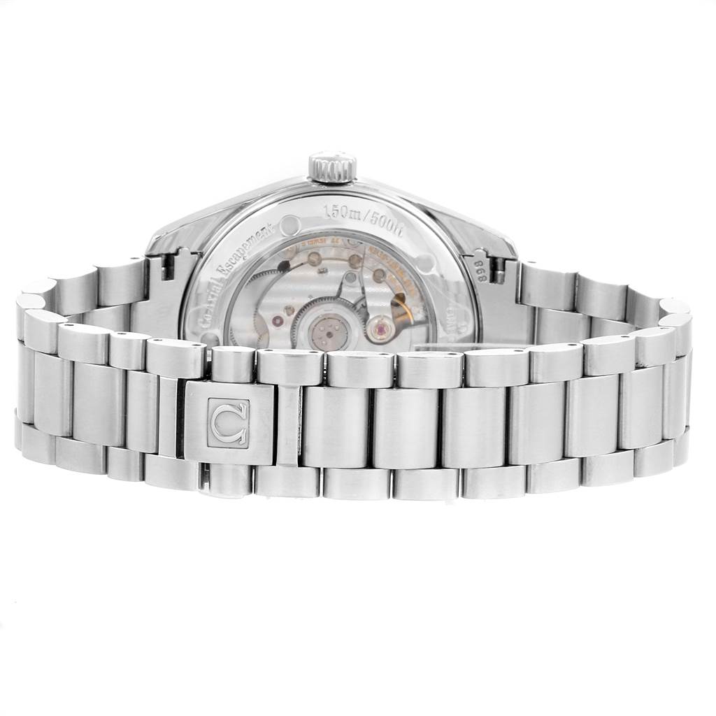 The image shows the back view of the Omega Aqua Terra 2503.52.00 Men
s Stainless Steel Black Dial 2503.52.00 Men
s Stainless Steel Black Dial watch, highlighting its transparent case back and metal bracelet.