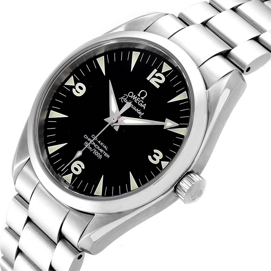 The Omega Aqua Terra 2503.52.00 Men
s Stainless Steel Black Dial 2503.52.00 Men
s Stainless Steel Black Dial watch is shown at an angled perspective, highlighting its face, crown, and part of the bracelet.