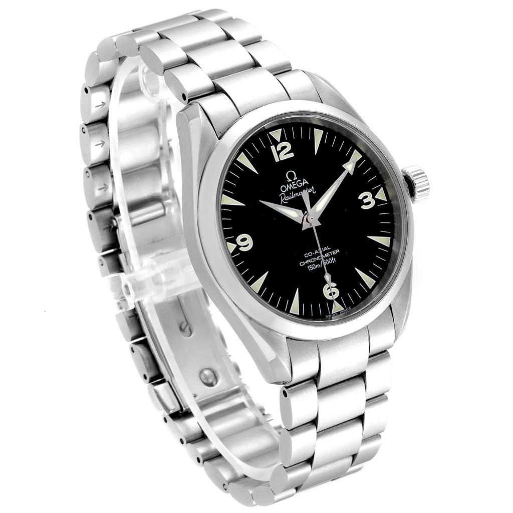 The Omega Aqua Terra 2503.52.00 Men
s Stainless Steel Black Dial 2503.52.00 Men
s Stainless Steel Black Dial watch is shown at an angle displaying the face, crown, and part of the metal bracelet.